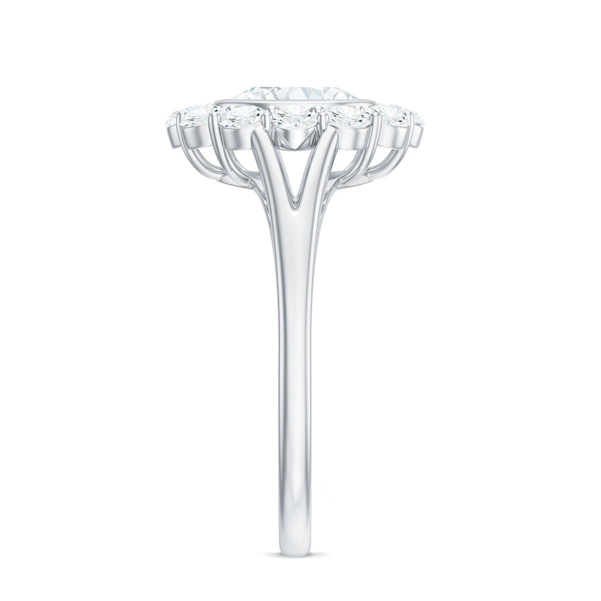Oval cut moissanite halo engagement ring with split shank from Rosec Jewels, detailed close-up of the elegant ring design.