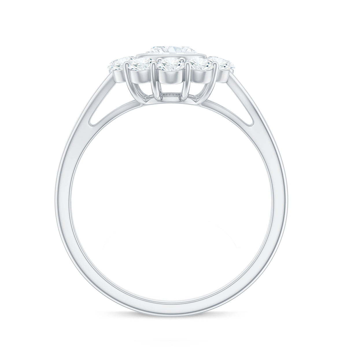 Oval cut moissanite halo engagement ring with split shank in sterling silver from Rosec Jewels.