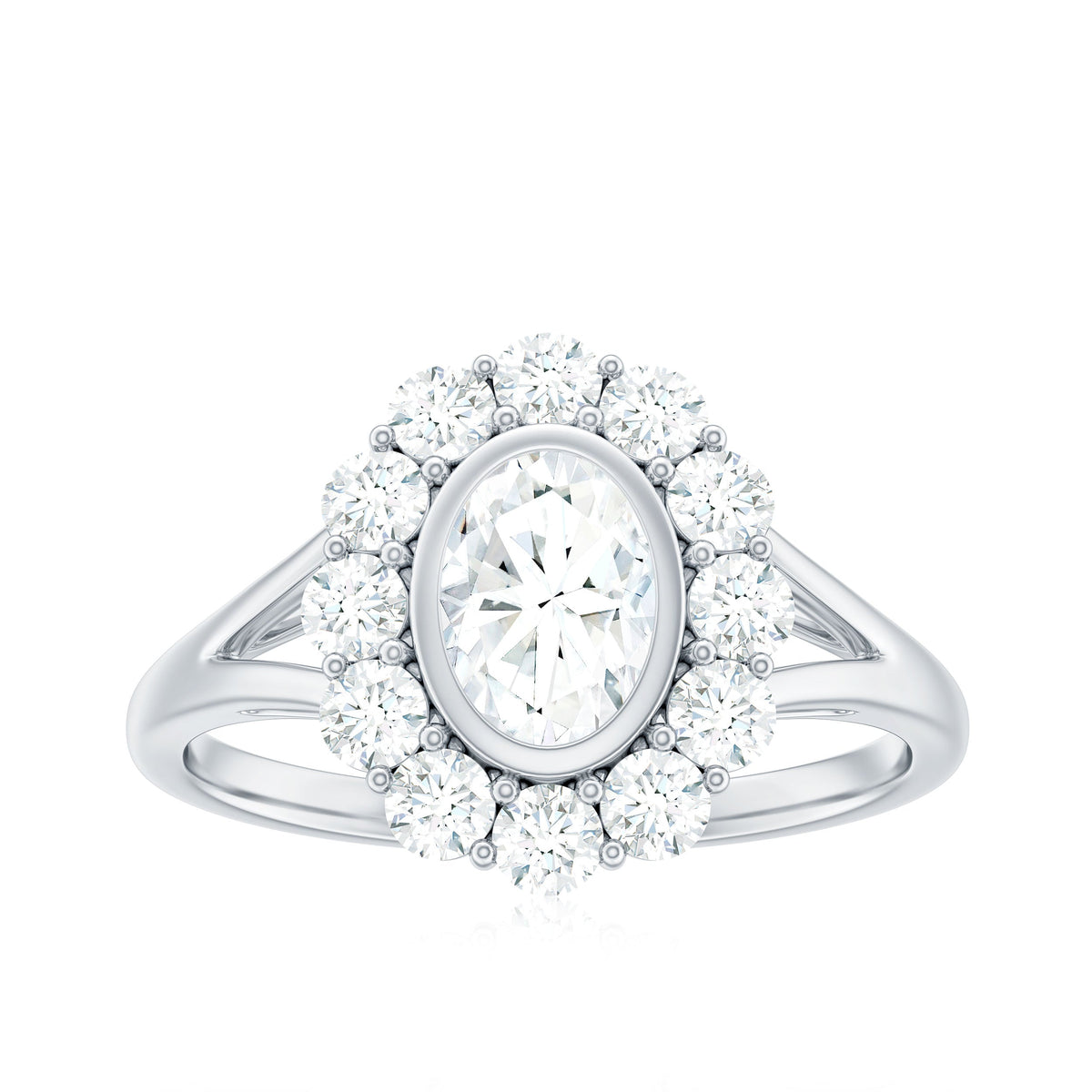 Oval cut moissanite halo engagement ring with split shank, featuring sparkling details and intricate band design by Rosec Jewels.