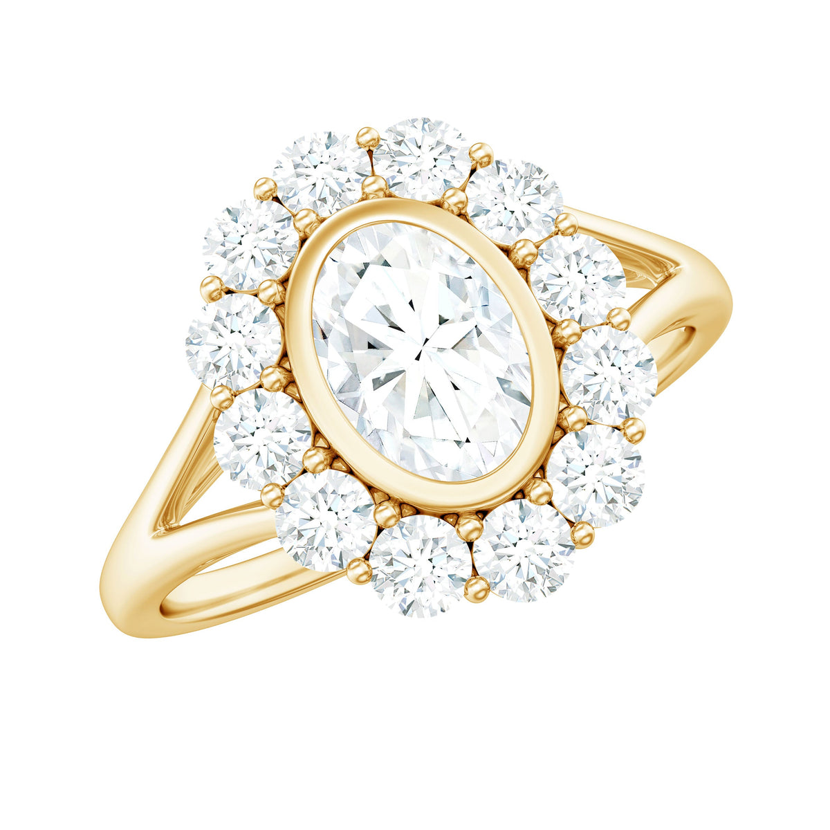 Oval cut moissanite halo engagement ring with split shank design from Rosec Jewels, showcasing the sparkling gemstone and elegant band.