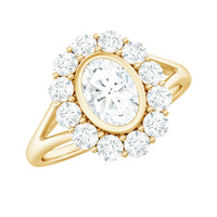 Oval cut moissanite halo engagement ring with split shank design from Rosec Jewels, showcasing the sparkling gemstone and elegant band.