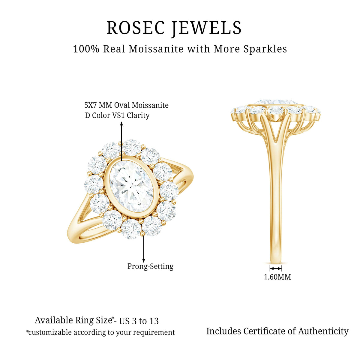 Oval cut moissanite halo engagement ring with split shank from Rosec Jewels, showcasing sparkling gemstones and intricate band design.