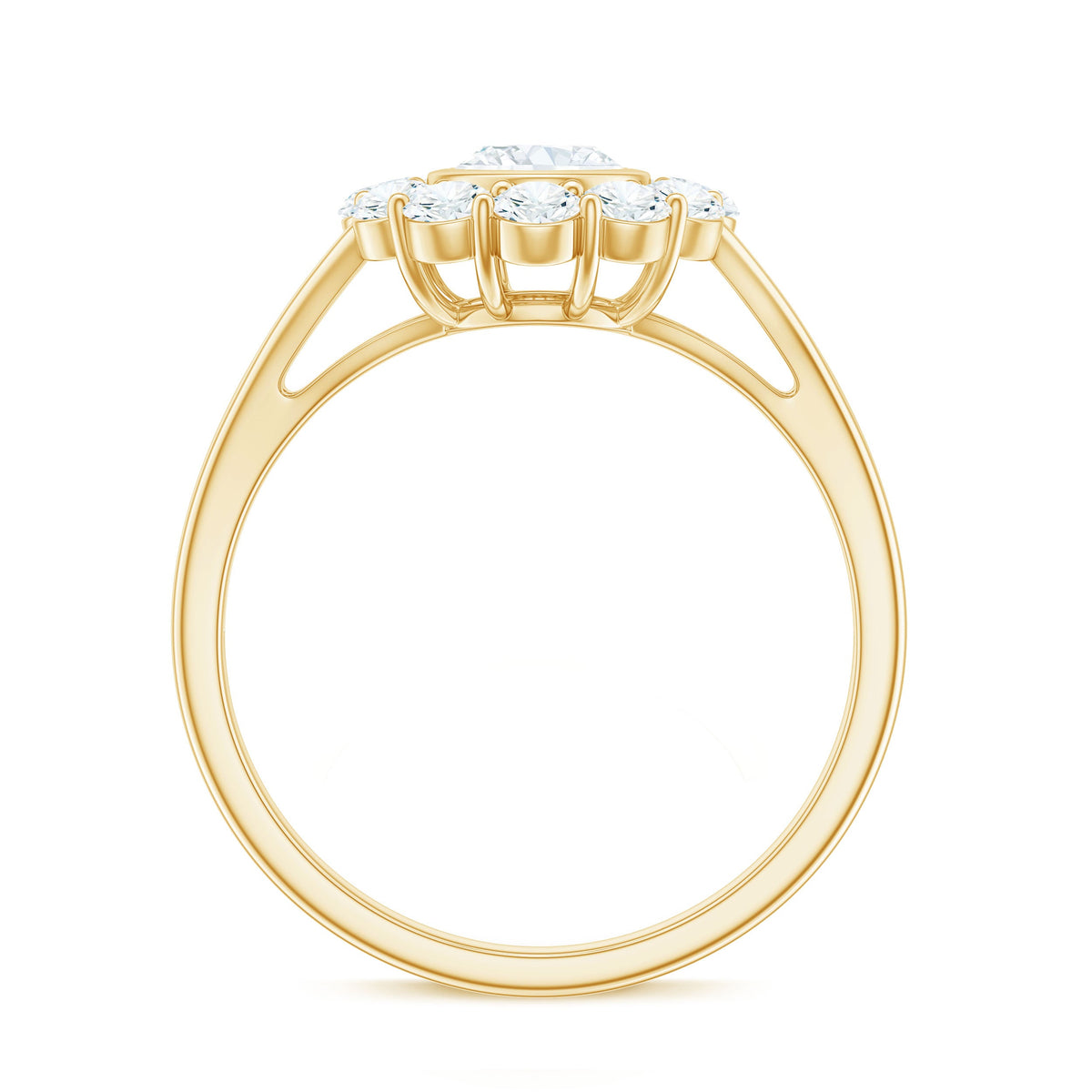 Oval cut moissanite halo engagement ring with split shank, featuring sparkling gemstones and intricate band design by Rosec Jewels.