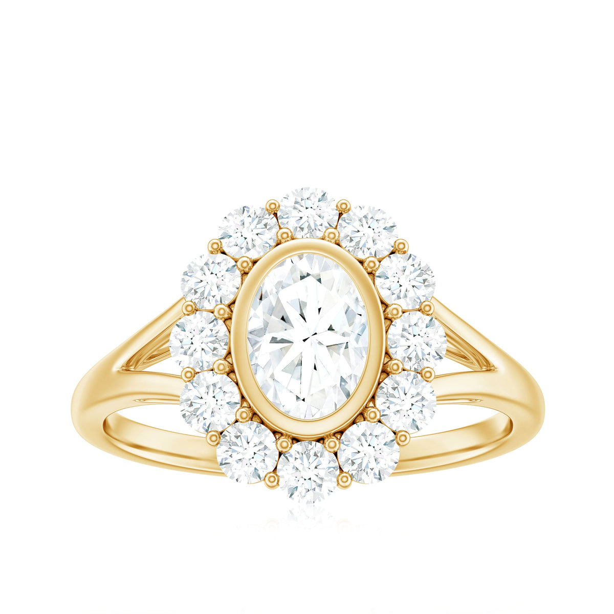 Oval cut moissanite halo engagement ring with split shank from Rosec Jewels, featuring sparkling center stone and elegant band design.