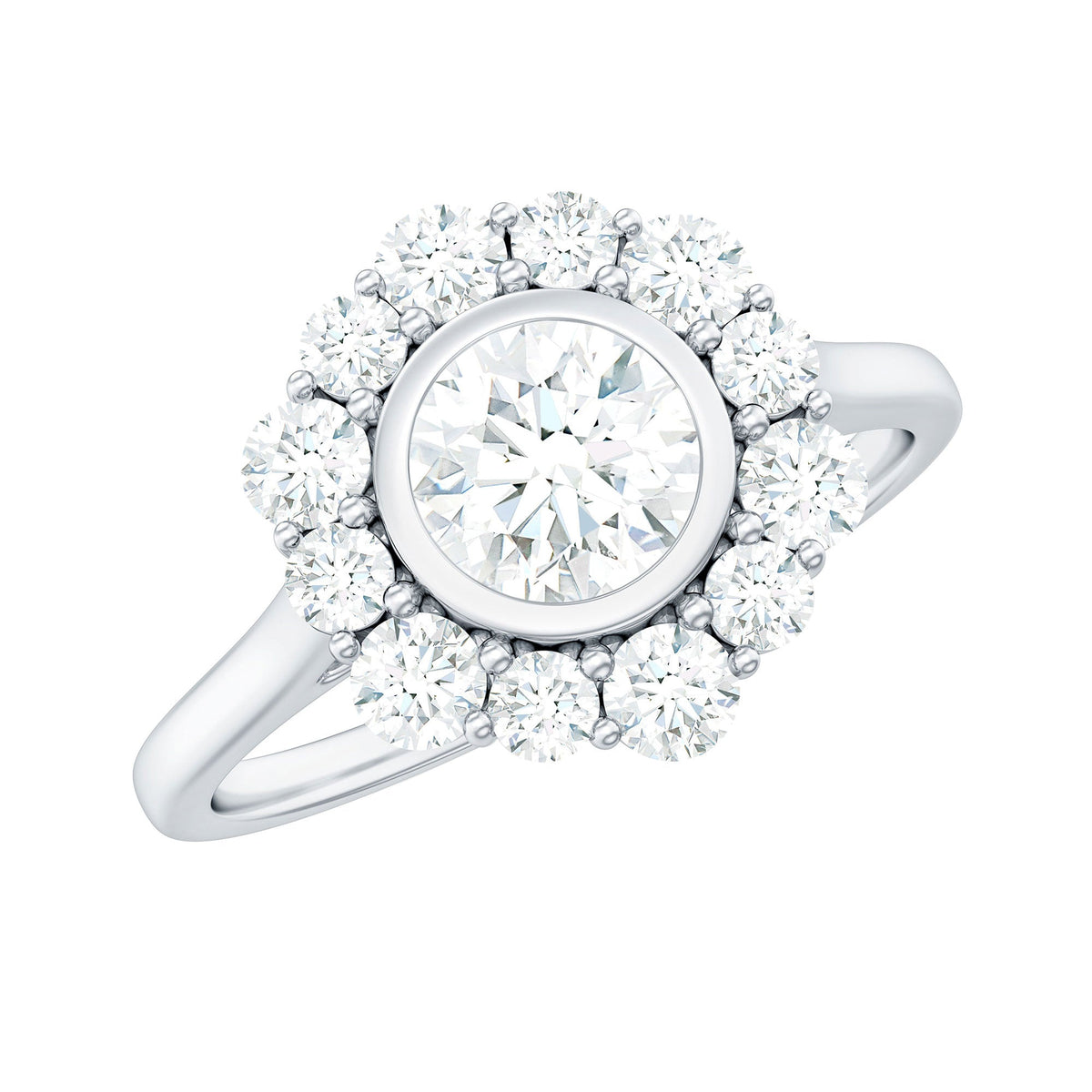 Bezel set 1.50 CT zircon halo engagement ring by Rosec Jewels featuring a sparkling central stone and elegant band.