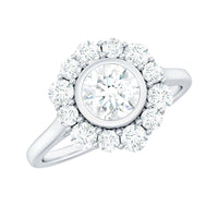 Bezel set 1.50 CT zircon halo engagement ring by Rosec Jewels featuring a sparkling central stone and elegant band.