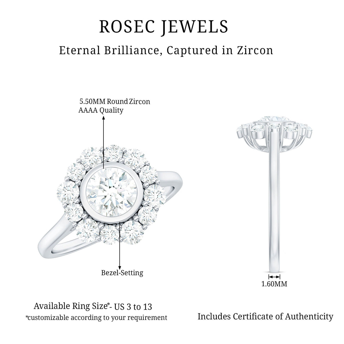 Bezel set 1.50 CT zircon halo engagement ring by Rosec Jewels, featuring a sparkling central stone and elegant ring design.