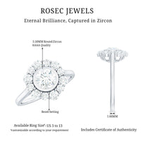 Bezel set 1.50 CT zircon halo engagement ring by Rosec Jewels, featuring a sparkling central stone and elegant ring design.