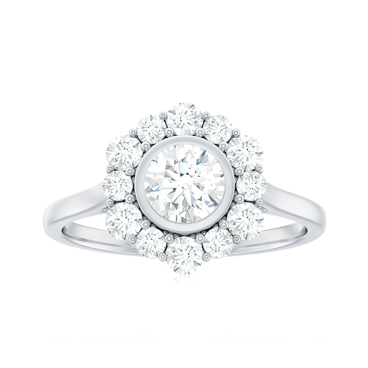 Bezel set 1.50 CT zircon halo engagement ring by Rosec Jewels featuring a sparkling central stone and intricate band design.