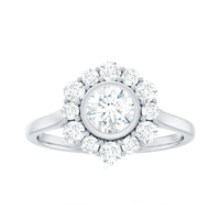 Bezel set 1.50 CT zircon halo engagement ring by Rosec Jewels featuring a sparkling central stone and intricate band design.