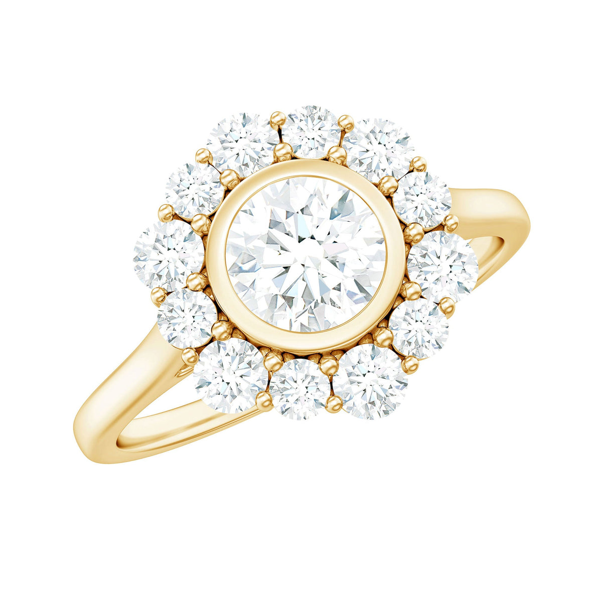 Bezel set 1.50 CT zircon halo engagement ring by Rosec Jewels with intricate design and sparkling center stone.