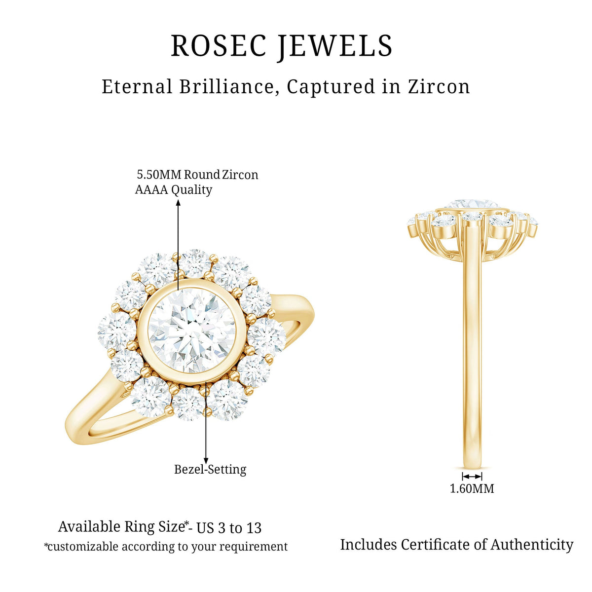 Bezel set 1.50 CT zircon halo engagement ring by Rosec Jewels featuring a sparkling central stone and intricate band design.