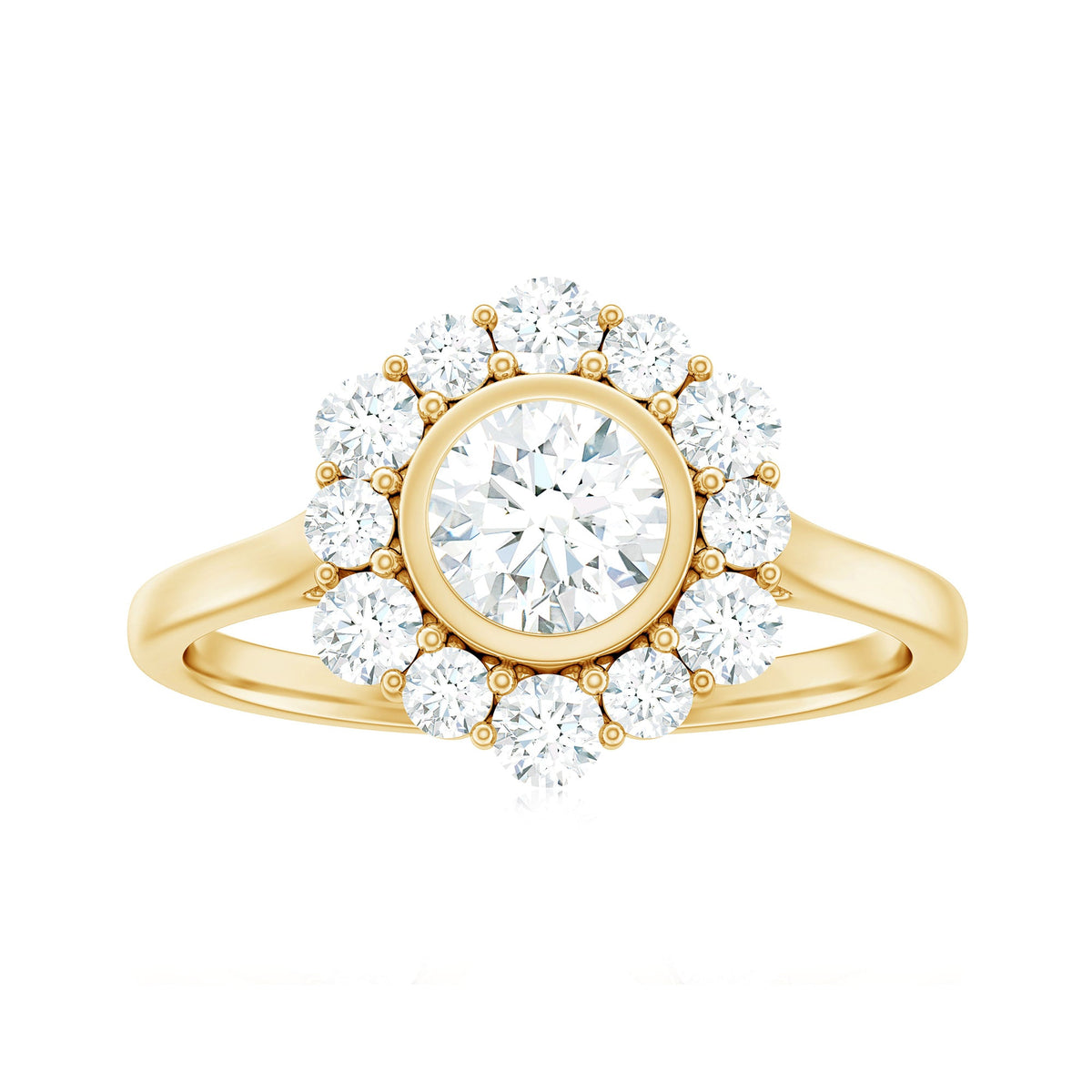 Bezel set 1.50 CT zircon halo engagement ring by Rosec Jewels featuring a sparkling central stone and elegant band.