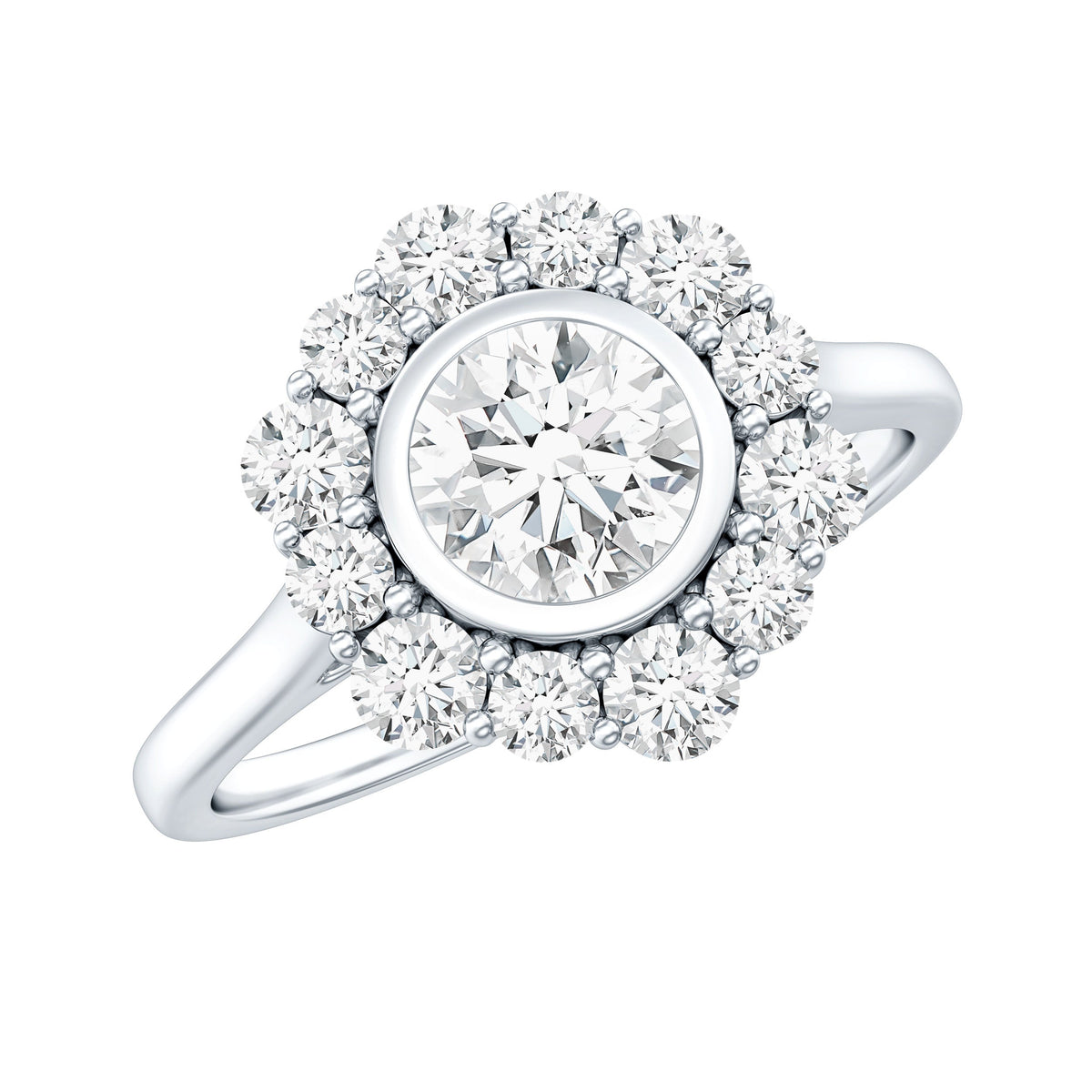 Round moissanite engagement ring with halo, featuring a polished band and intricate design, from Rosec Jewels.