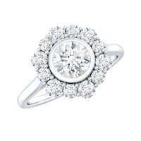 Round moissanite engagement ring with halo, featuring a polished band and intricate design, from Rosec Jewels.