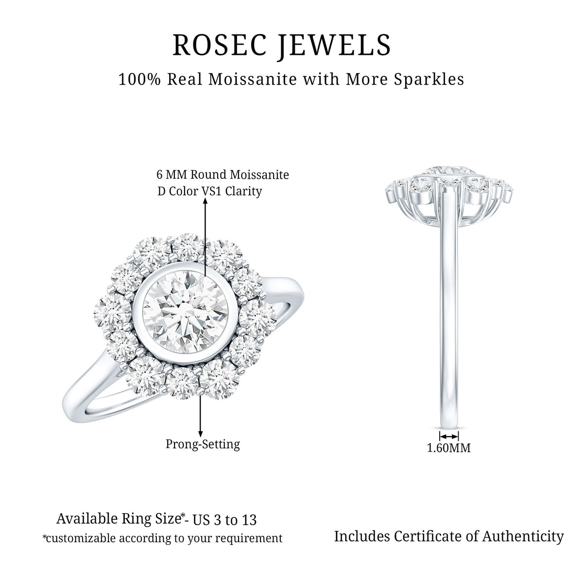 Round moissanite engagement ring with halo setting from Rosec Jewels, showcasing a sparkling center stone and intricate band design.