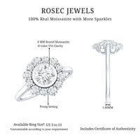 Round moissanite engagement ring with halo setting from Rosec Jewels, showcasing a sparkling center stone and intricate band design.