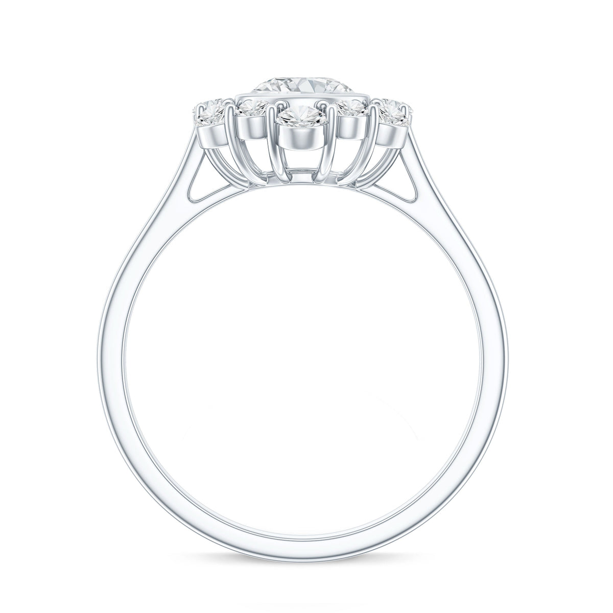 Round moissanite statement engagement ring with halo setting by Rosec Jewels featuring a sparkling center stone and elegant design.
