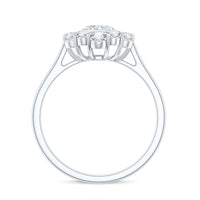 Round moissanite statement engagement ring with halo setting by Rosec Jewels featuring a sparkling center stone and elegant design.