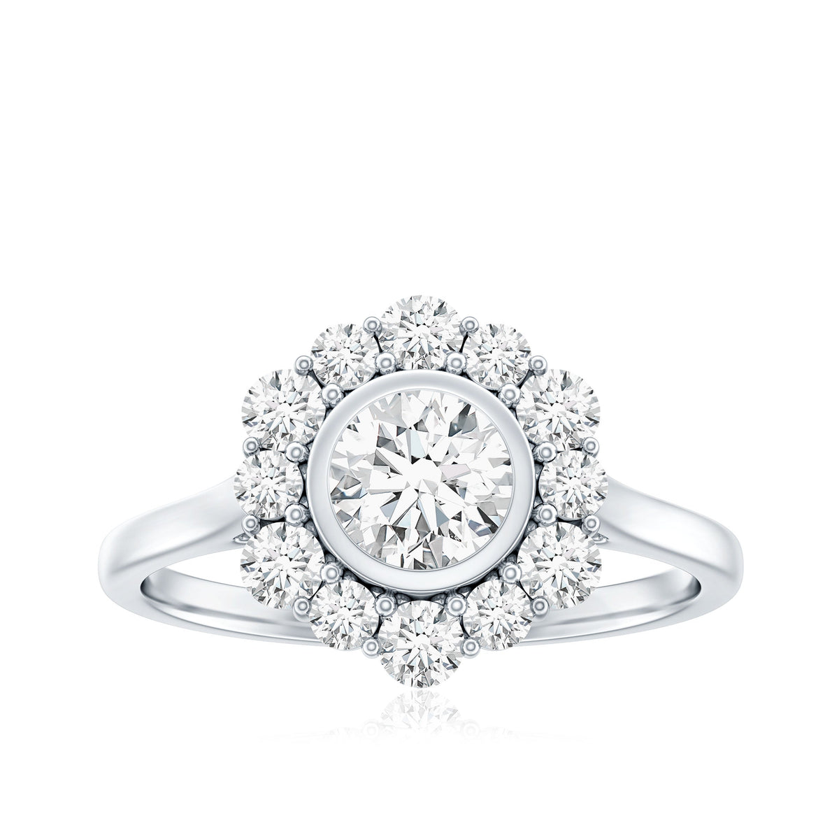 Round moissanite engagement ring with halo setting from Rosec Jewels, featuring a sparkling central stone and elegant band.