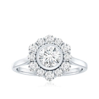 Round moissanite engagement ring with halo setting from Rosec Jewels, featuring a sparkling central stone and elegant band.