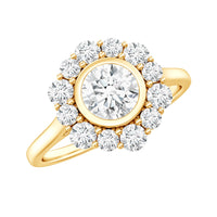 Round Moissanite statement engagement ring with halo setting from Rosec Jewels, showcasing a sparkling central stone and elegant design.
