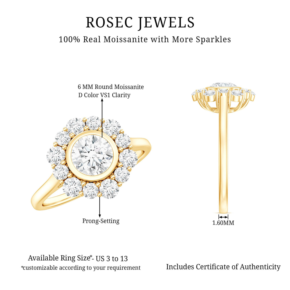 Round moissanite statement engagement ring with halo setting from Rosec Jewels, featuring a sparkling central stone and intricate band detail.