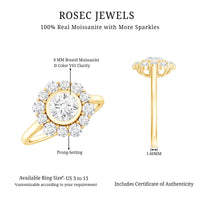 Round moissanite statement engagement ring with halo setting from Rosec Jewels, featuring a sparkling central stone and intricate band detail.