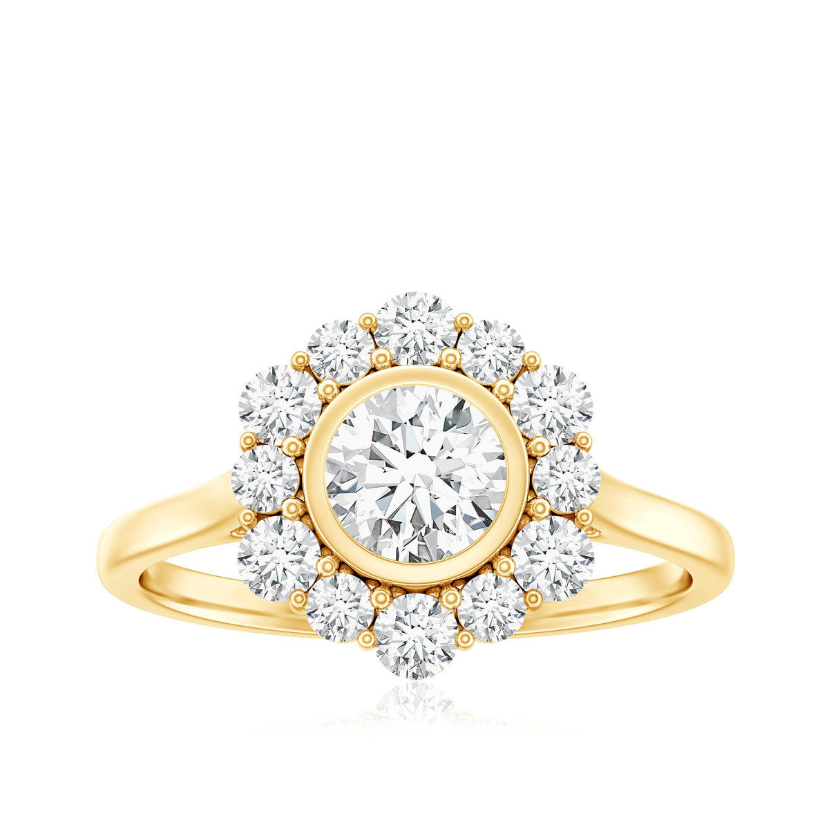 Round moissanite engagement ring with halo setting from Rosec Jewels, showcasing sparkling center stone and intricate band details.
