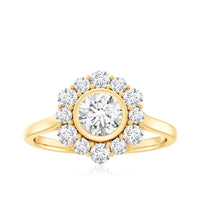 Round moissanite engagement ring with halo setting from Rosec Jewels, showcasing sparkling center stone and intricate band details.