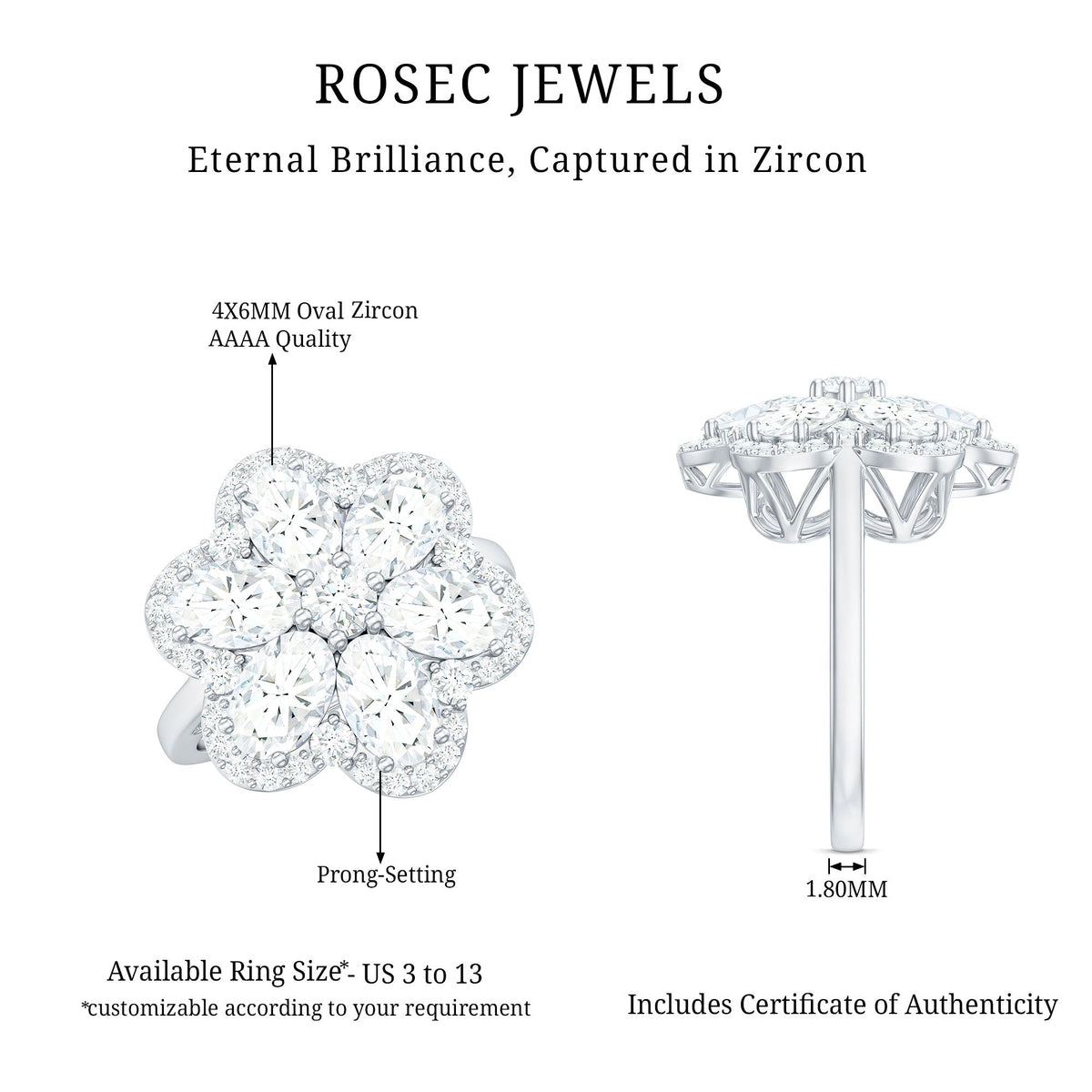 5.50 CT Oval and Round Cut Zircon Floral Statement Ring