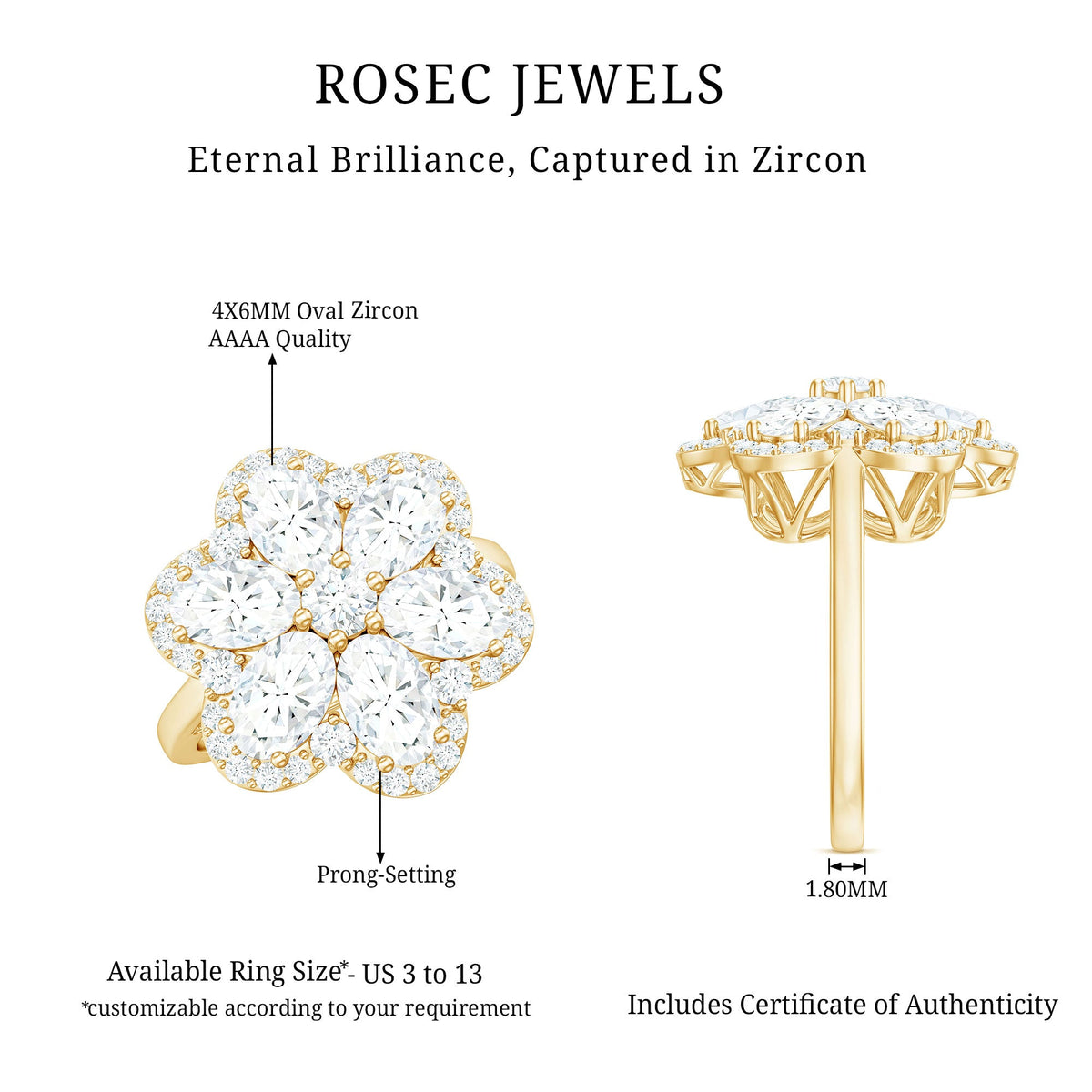 5.50 CT Oval and Round Cut Zircon Floral Statement Ring