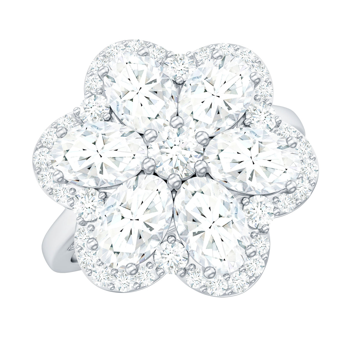 Large flower-shaped moissanite engagement ring by Rosec Jewels featuring sparkling gemstone and intricate band design.