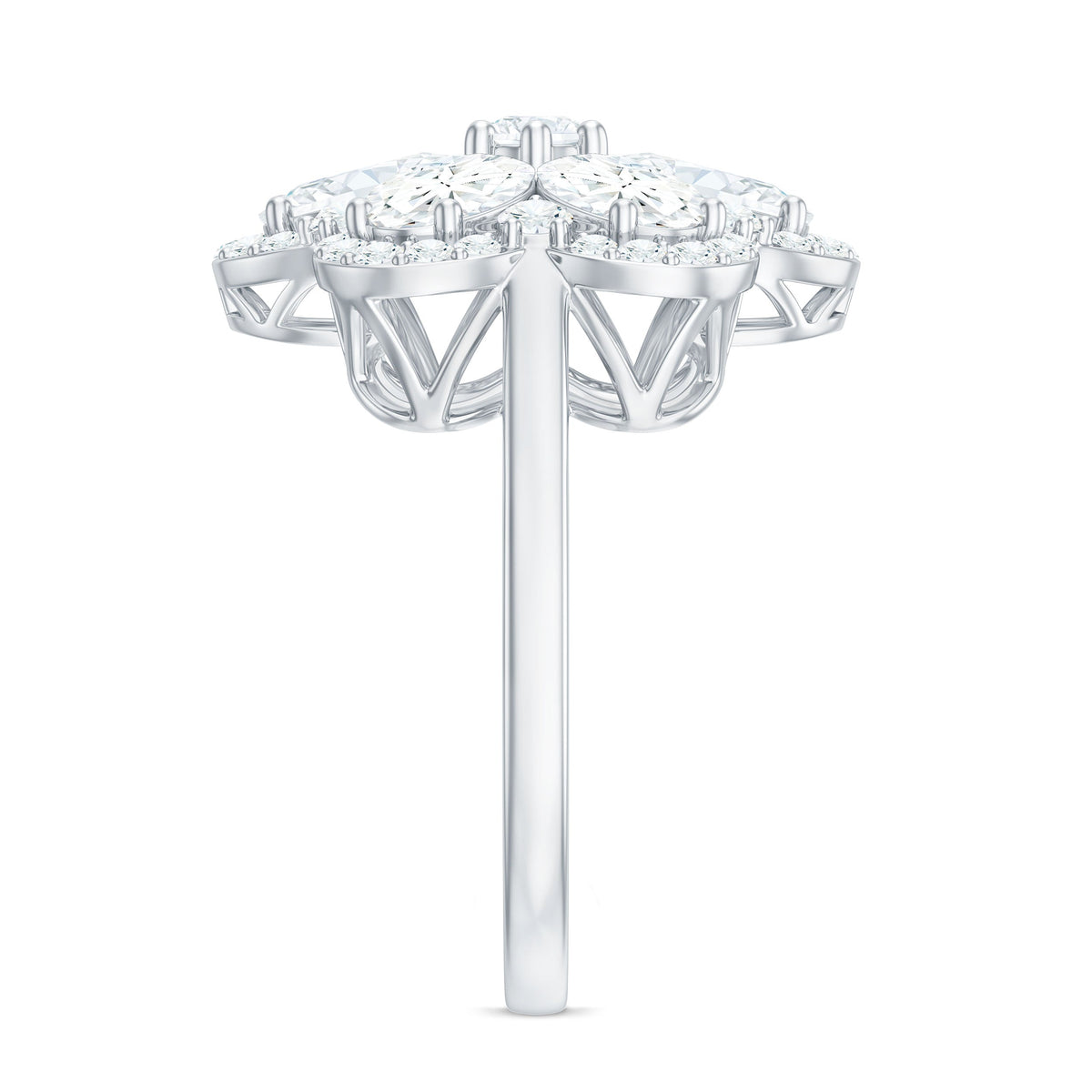 Large flower-shaped moissanite engagement ring from Rosec Jewels with intricate petal design and sparkling center stone.