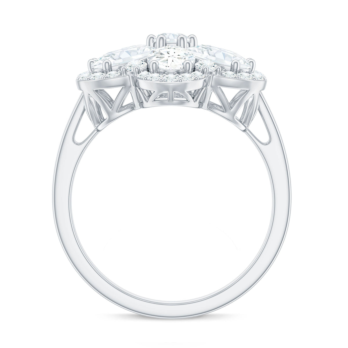 Large flower-shaped moissanite engagement ring by Rosec Jewels featuring a sparkling central gemstone and intricate band design.