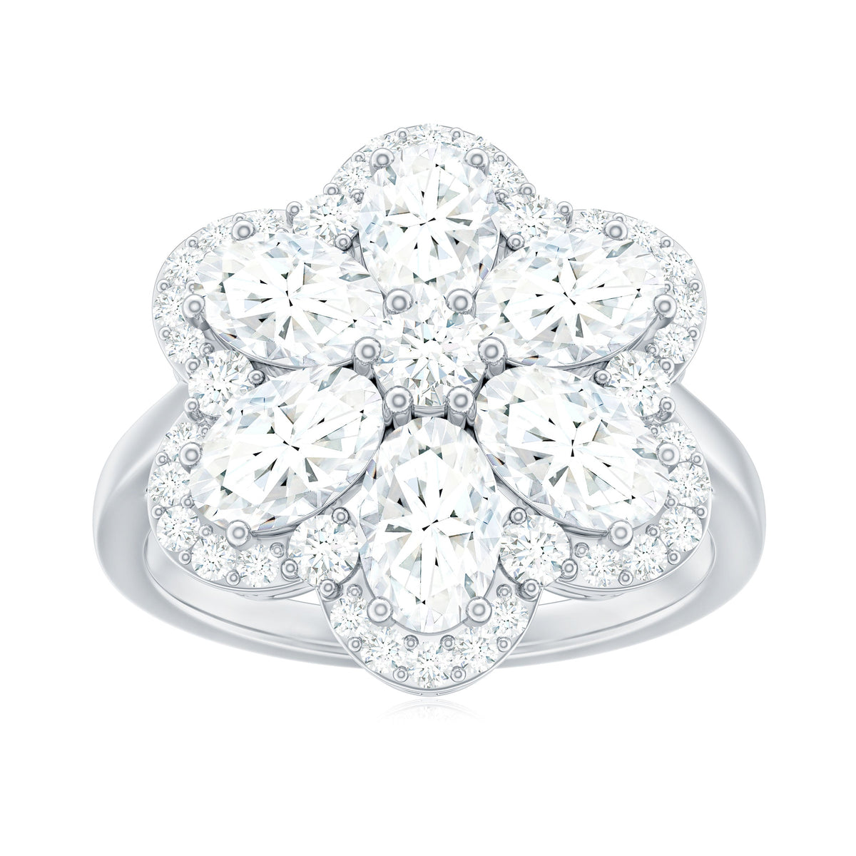 Certified Moissanite huge flower engagement ring from Rosec Jewels featuring a large floral design and sparkling moissanite stones.