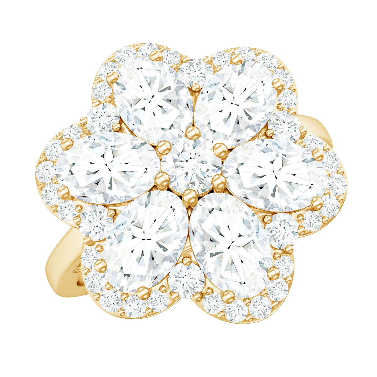 Large flower-shaped moissanite engagement ring from Rosec Jewels featuring intricate floral design and sparkling stone accents.