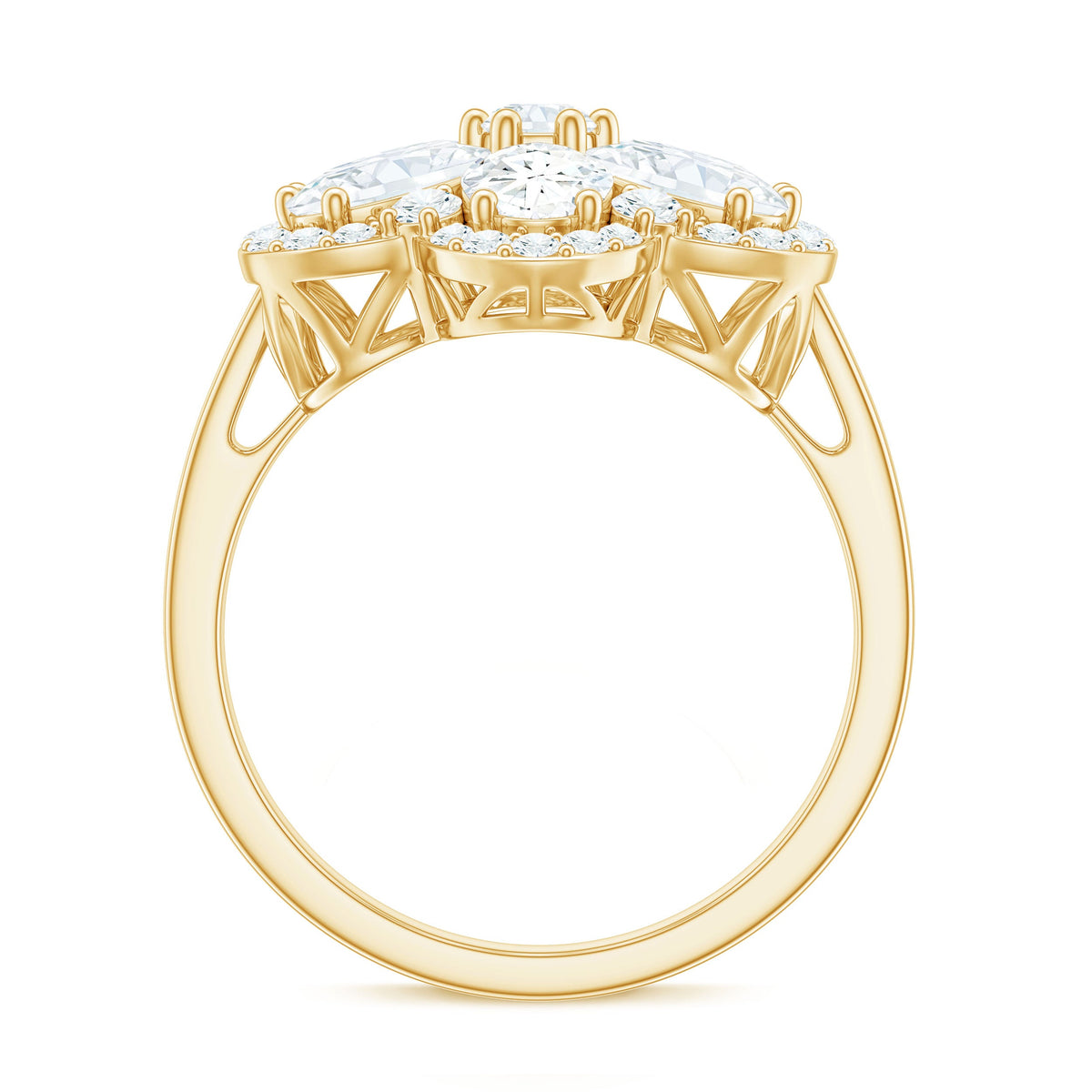 Large flower-shaped moissanite engagement ring from Rosec Jewels featuring sparkling center stone and intricate band detailing.