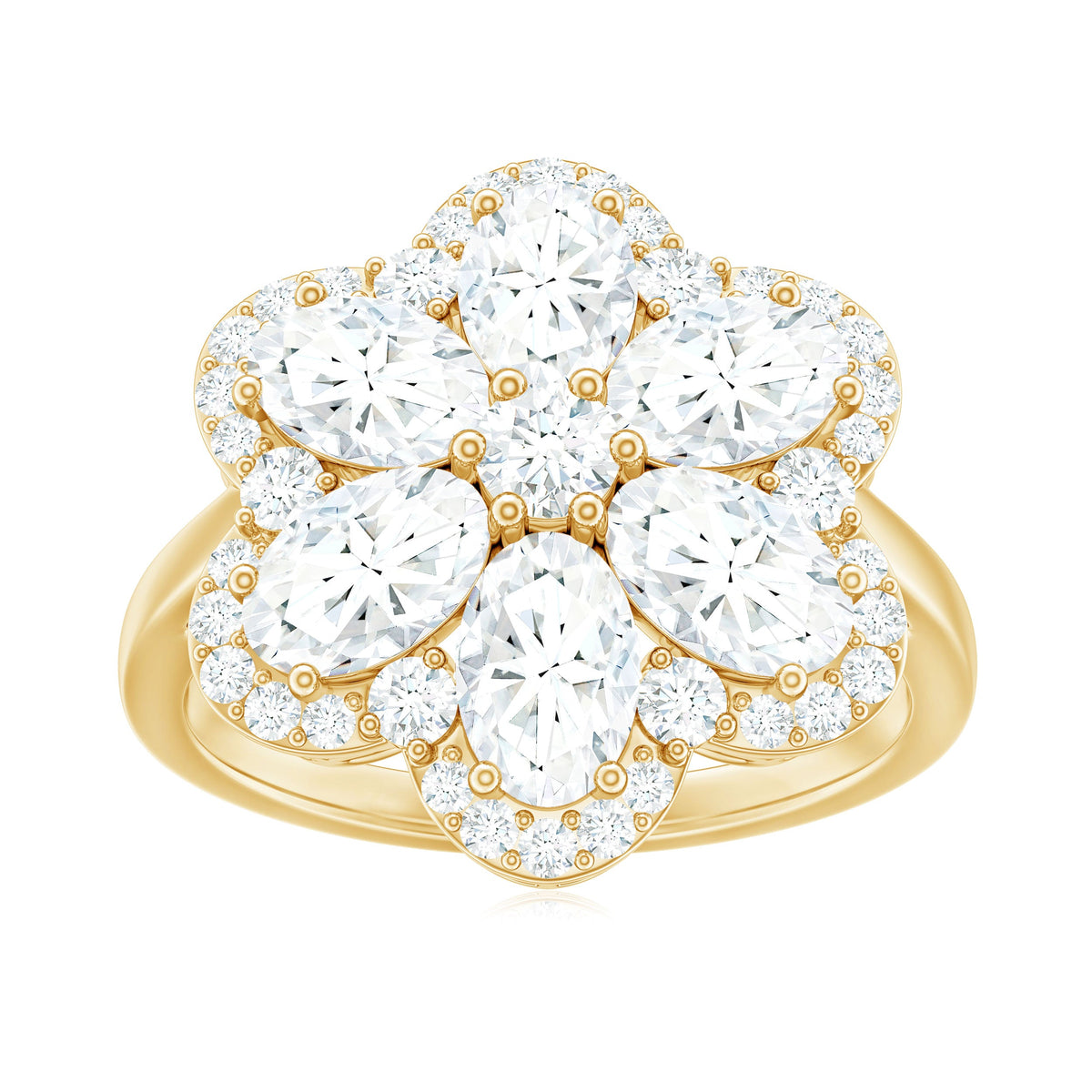 Large flower-shaped moissanite engagement ring from Rosec Jewels featuring sparkling center stone and intricate floral design.