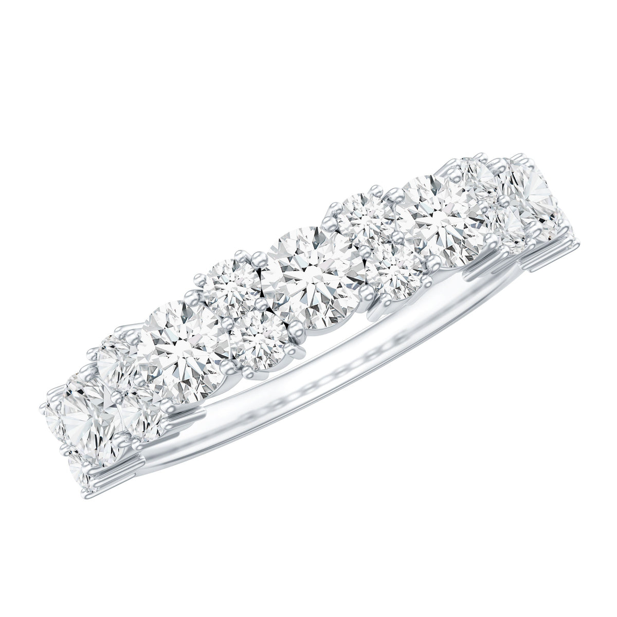 Rosec Jewels moissanite half eternity wedding band with certificate, showcasing sparkling stones in a polished metal setting.
