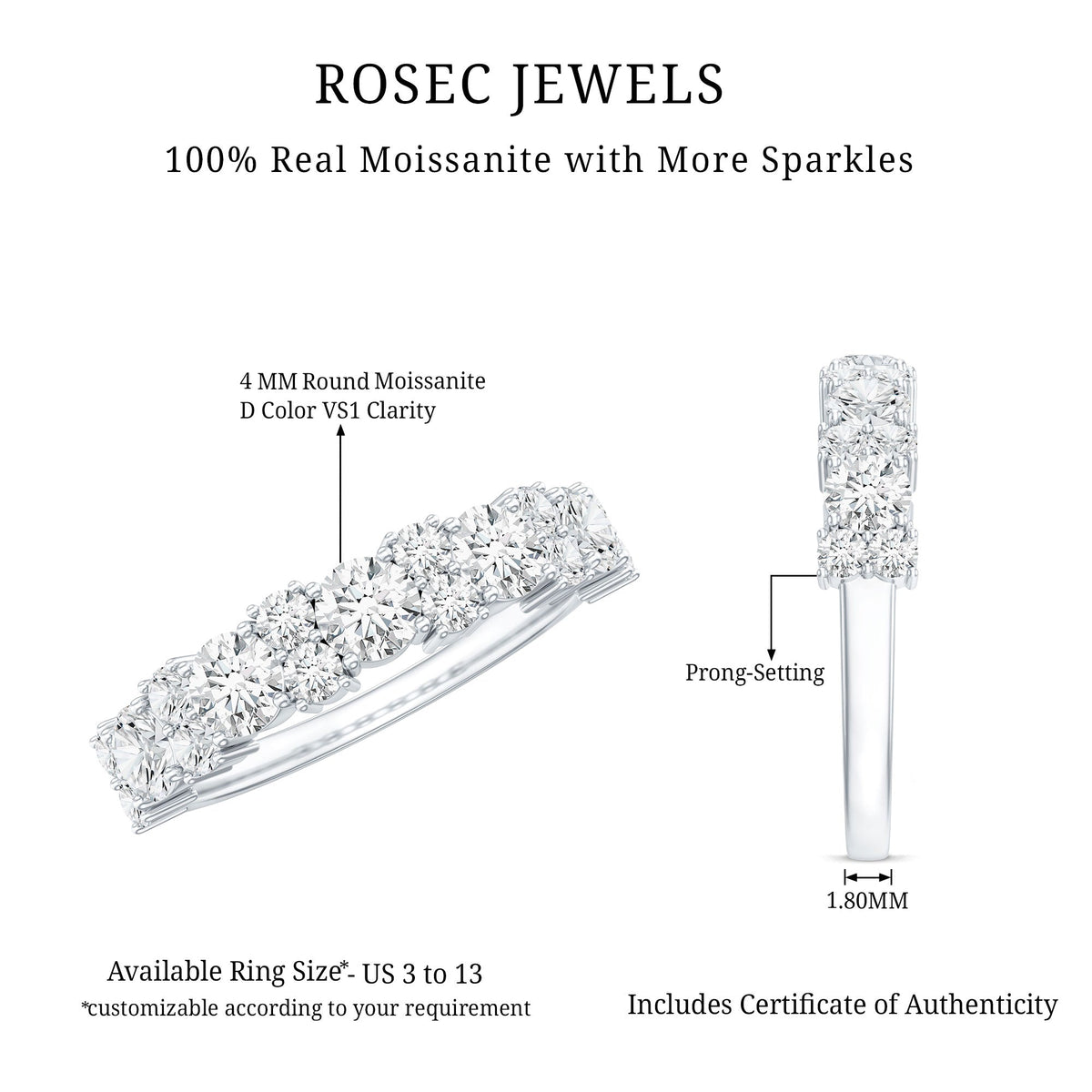 Rosec Jewels moissanite half eternity wedding band with sparkling stones and certificate, showcasing intricate ring design.