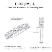 Rosec Jewels moissanite half eternity wedding band with sparkling stones and certificate, showcasing intricate ring design.