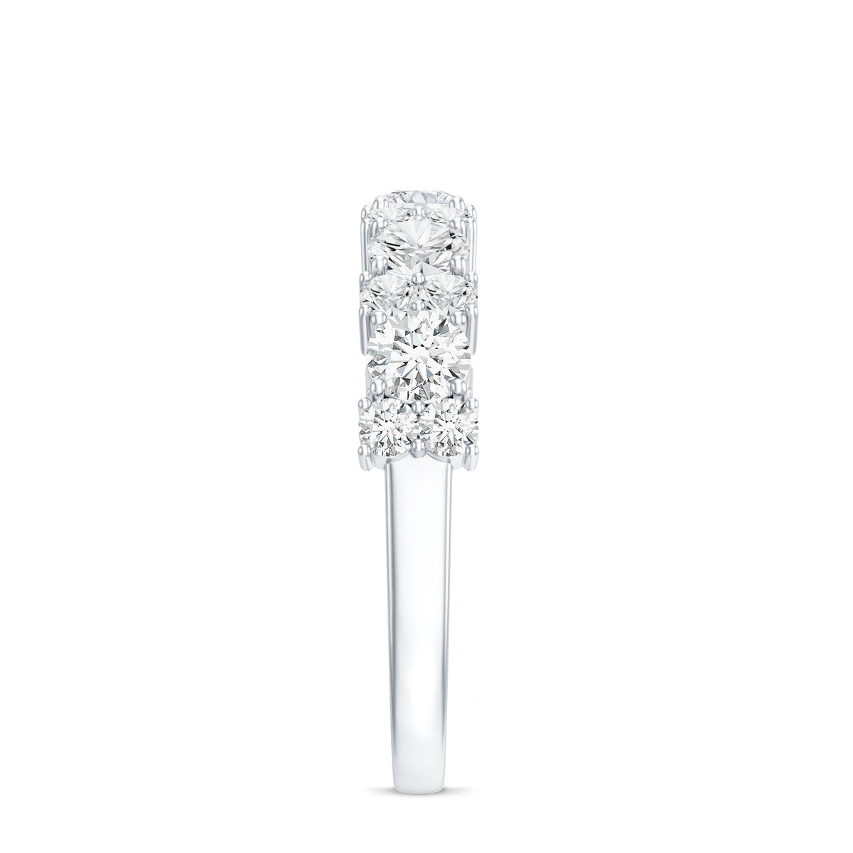 Rosec Jewels moissanite half eternity wedding band with sparkling stones and certificate, showcasing intricate ring design.