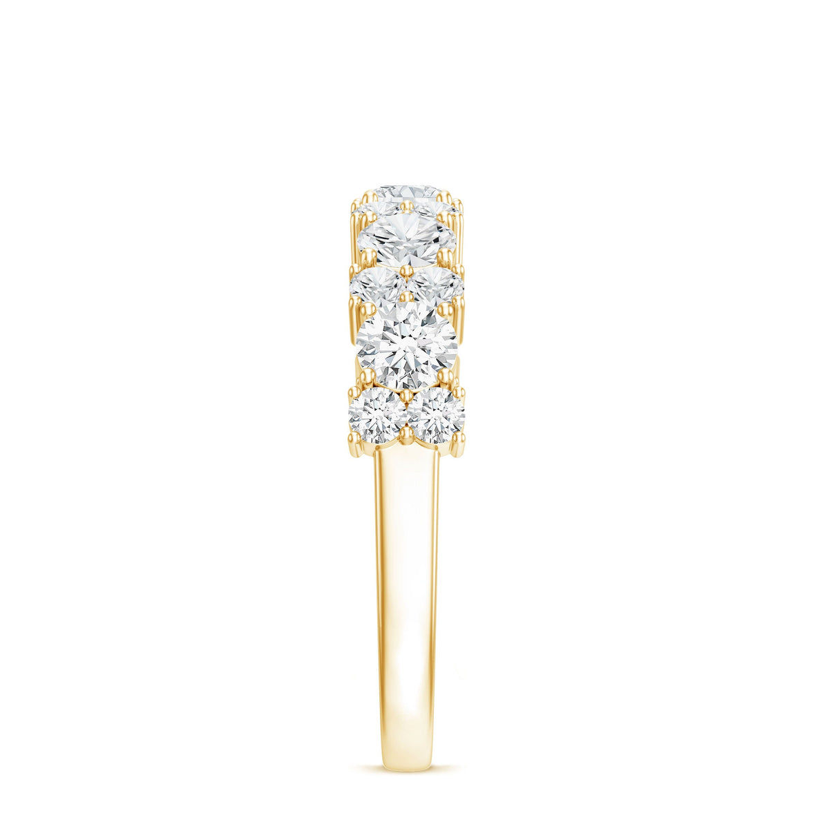 Rosec Jewels moissanite half eternity wedding ring with sparkling stones, displayed on a neutral background.