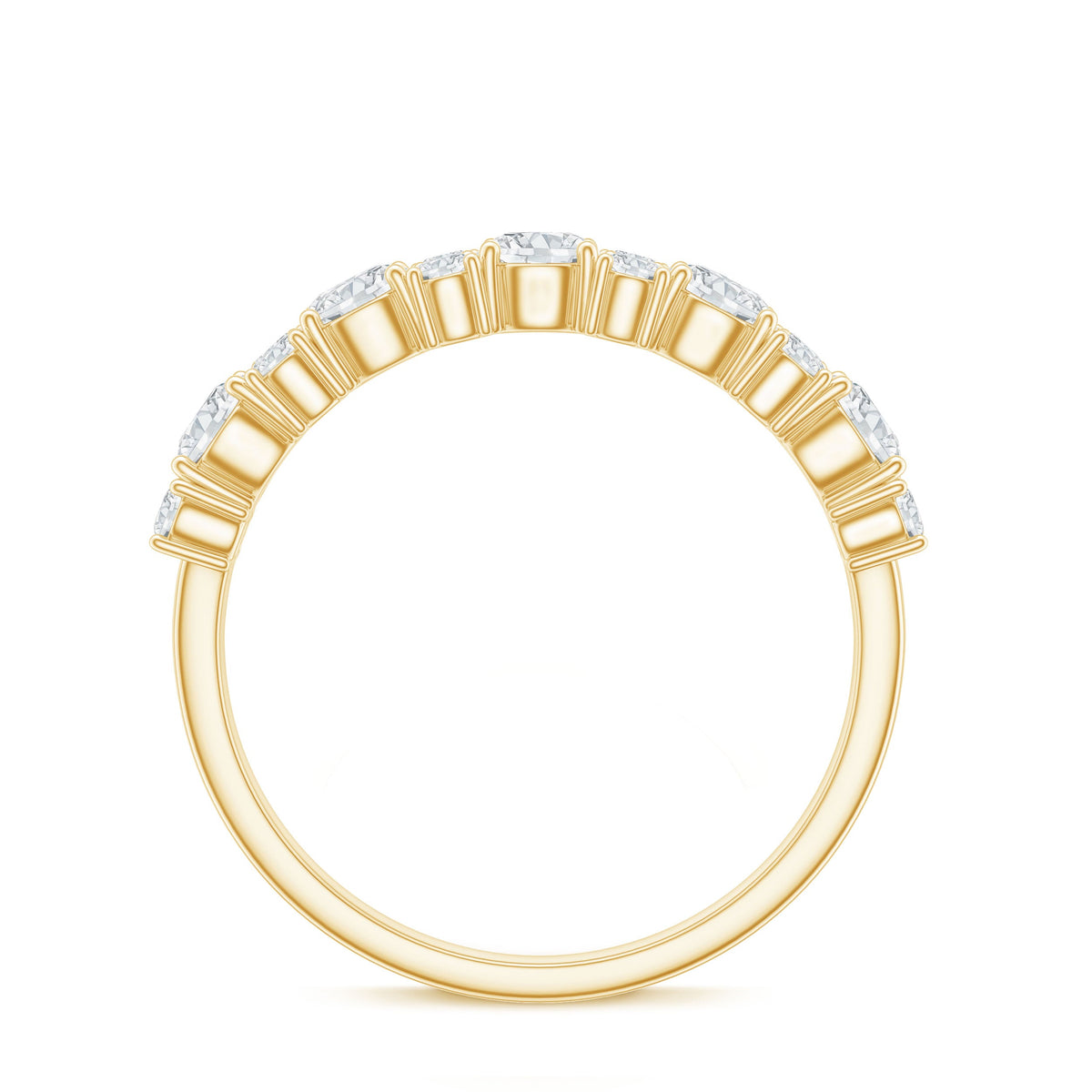 Rosec Jewels moissanite half eternity wedding band with sparkling stones and certificate, showcasing a elegant ring design.
