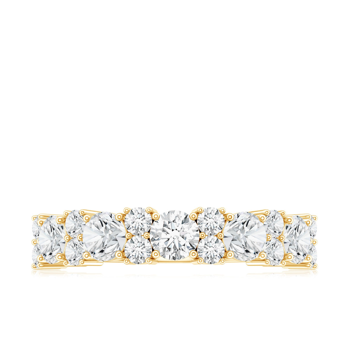 Rosec Jewels moissanite half eternity wedding ring with sparkling stones and certificate, showcasing a sleek silver band.