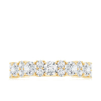 Rosec Jewels moissanite half eternity wedding ring with sparkling stones and certificate, showcasing a sleek silver band.