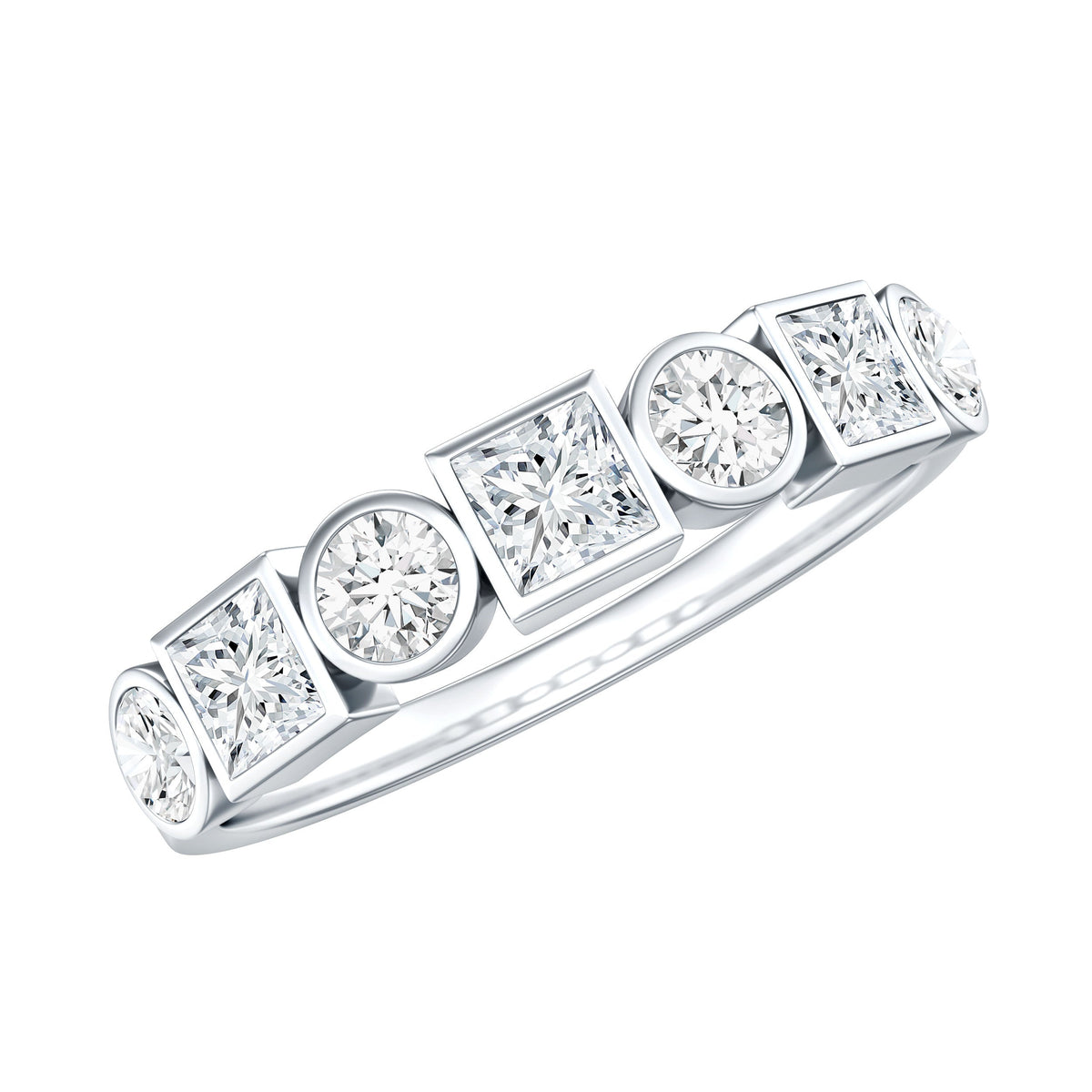 Rosec Jewels moissanite half eternity band ring with bezel-set stones, showcasing a sleek, elegant design in the image.