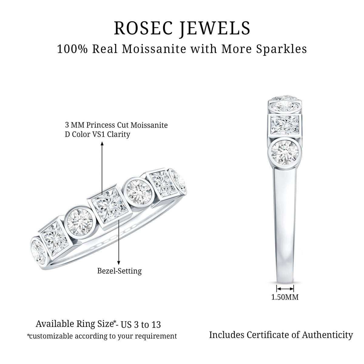 Rosec Jewels moissanite half eternity band ring with bezel-set stones, showcasing a sleek, elegant design on a plain background.