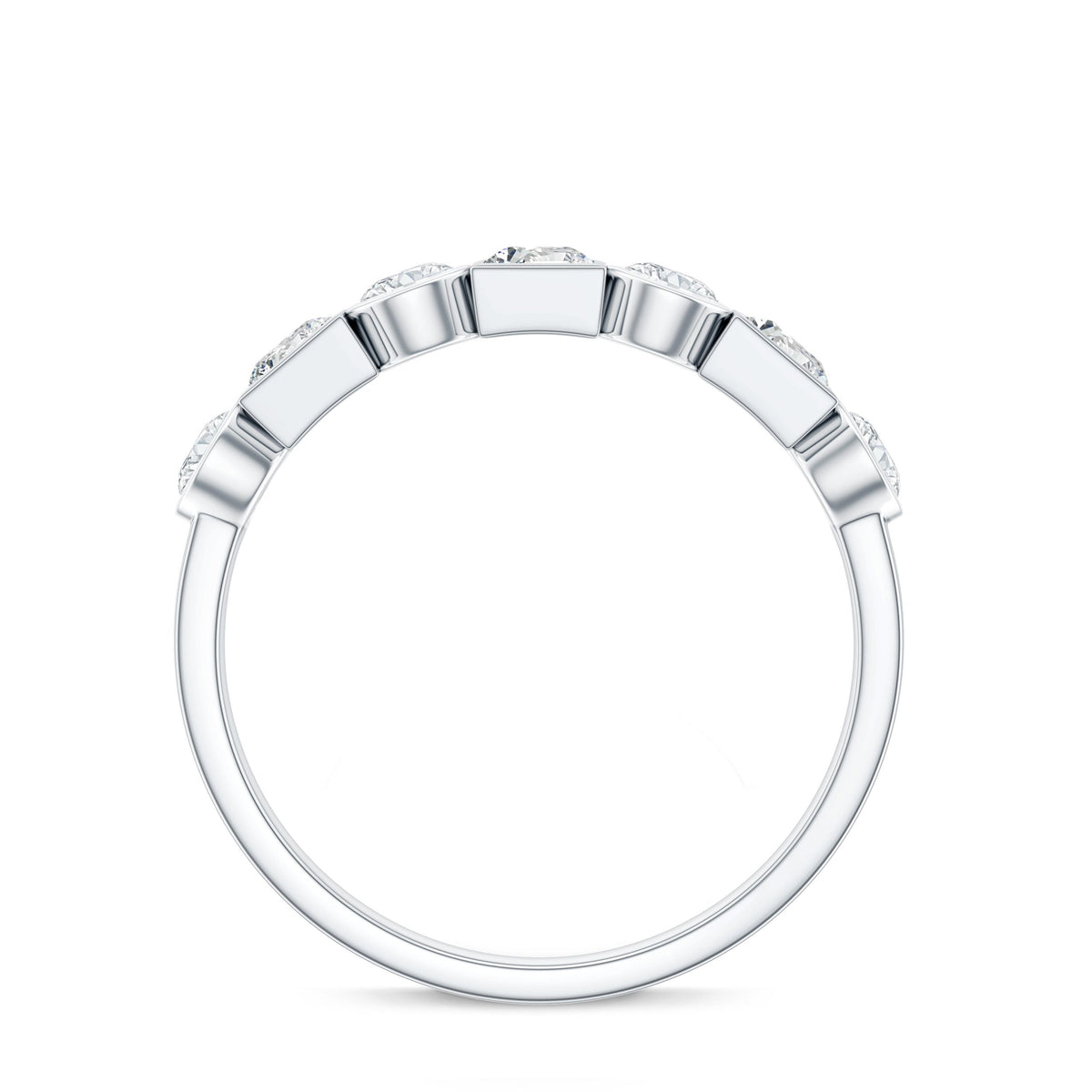 Rosec Jewels moissanite half eternity band ring with alternating bezel-set stones, elegant and sparkling jewelry piece.
